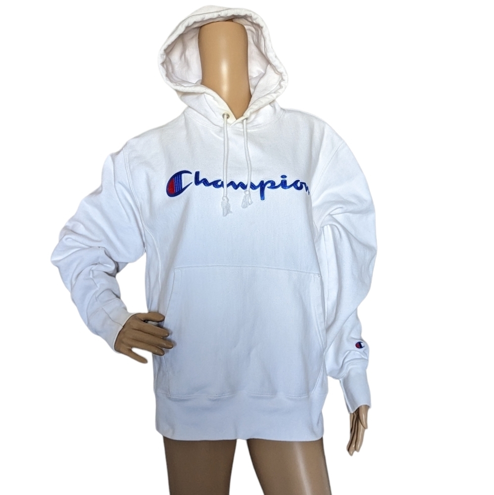 Vintage White Champion Reverse Weave Raised Logo Hoodie Sweatshirt Size M
